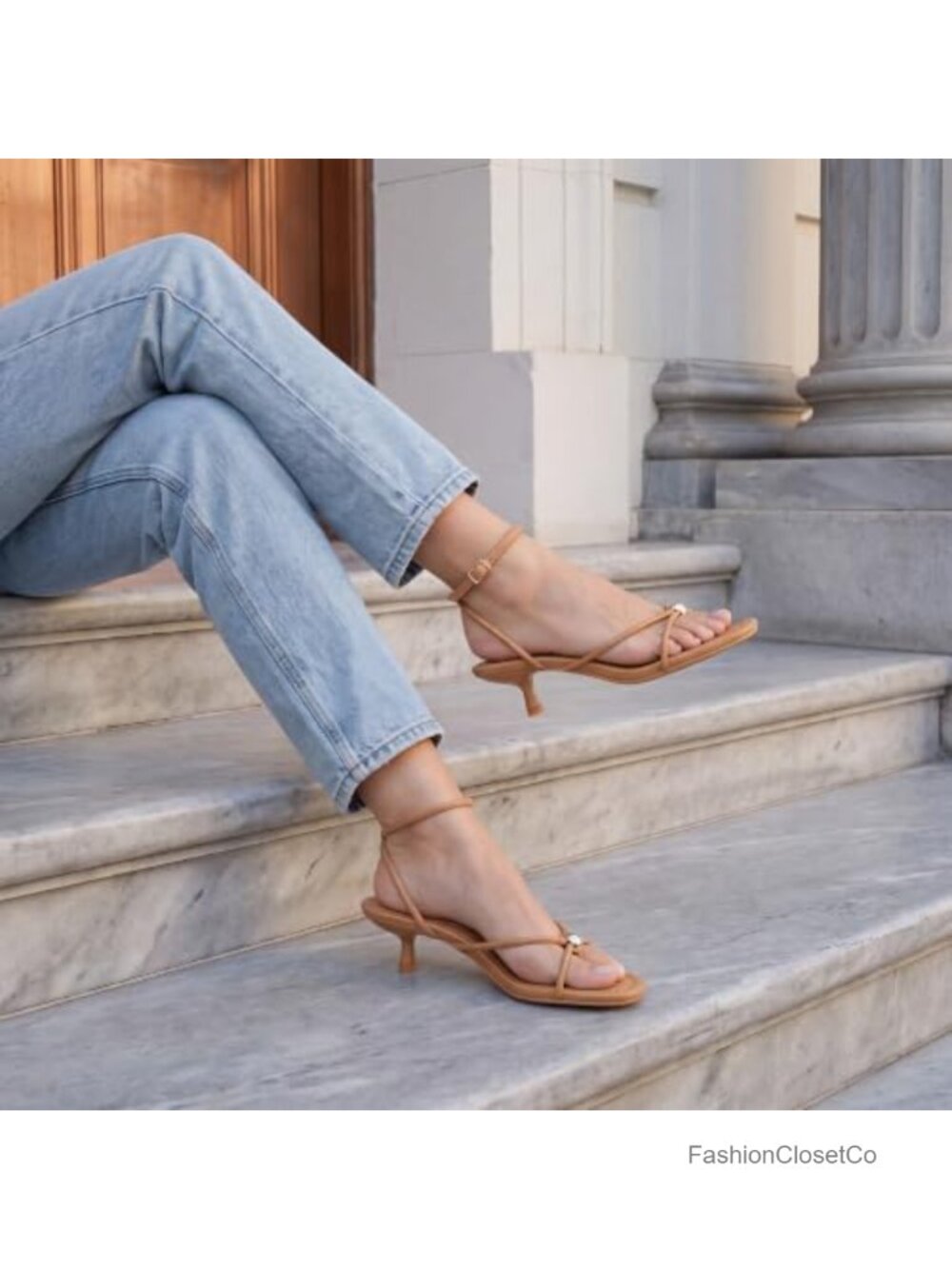 Strappy Kitten Heels Open Toe Low Heel Dress Sandals with Ankle Strap - Picture 3 of 5